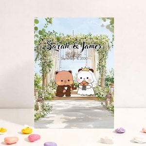 Personaliseer schattige trouwkaart met trouwpodium | Leuke jubileumkaart | Cadeaubon voor man en vrouw | Bubu Dudu beer bruiloftstoespraak