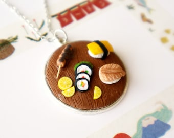 Sushi Plate Necklace - Miniature food jewelry - Sushi jewelry -  food necklace bento box necklace mini sushi necklace tiny sushi charm