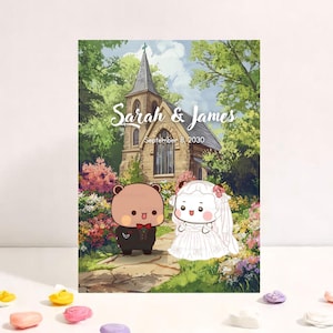 Personalize um cartão de casamento fofo com uma igreja | Cartão de aniversário fofo | Cartão de presente para marido e mulher | Discurso de casamento com o Urso Bubu Dudu
