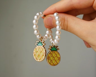 Pineapple Hoop Earrings, Dangle earrings, Summer earrings, Pearl earrings, handmade earrings, drop earrings