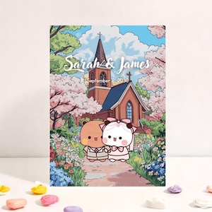 Personalize um cartão de casamento fofo com uma igreja | Cartão de aniversário fofo | Cartão de presente para marido e mulher | Discurso de casamento com o Urso Bubu Dudu