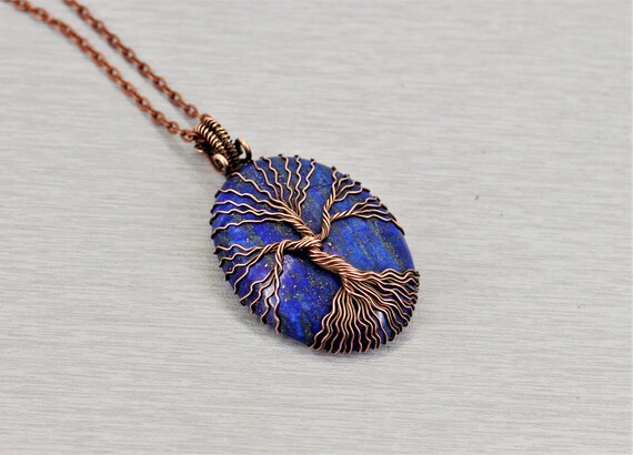 Lapis Lazuli Jewelry Tree Of Life Statement Necklace Blue Copper Necklace Dangle Earrings Zen Yoga Meditation Inspirational Gift For Women