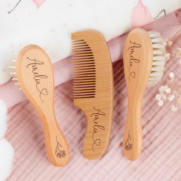 Personalized Baby Brush and Comb Set, Wooden Baby Hairbrush, Engraved Name Brush, Baby Shower, New Mom Gift, Newborn Gift