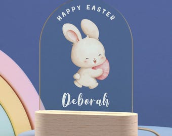 Personalized Easter Bunny Night Light, Custom Name LED Lamp with Wooden Base, Easter Gift for Kids, Bunny Decor, Easter Holiday Gift