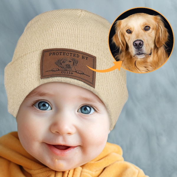 Personalized Baby Beanie, Custom Protected By Dog Hat, Protected By Baby Beanie w/ Name Patch, Dog and Newborn Gift, Mom to be Gifts