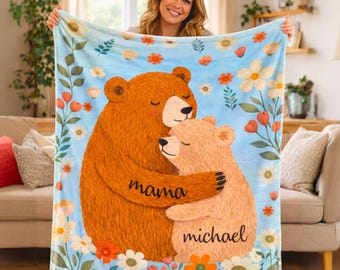 Personalized Mama Bear Flower Blanket, Custom Mother's Day Gift for Mom Grandma, Wildflowers Mom Bear Blanket, Cottage Core Flower Gift