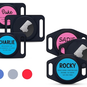 Könnte beinhalten: Vier schwarze Hunde-ID-Tags mit verschiedenen Hintergrundfarben und Namen. Die Tags haben eine schwarze Schnalle und einen weißen Pfotenabdruck. Die Namen auf den Tags sind Duke, Charlie, Sadie und Rocky. Die Farben sind rosa, blau, hellrosa und hellblau.