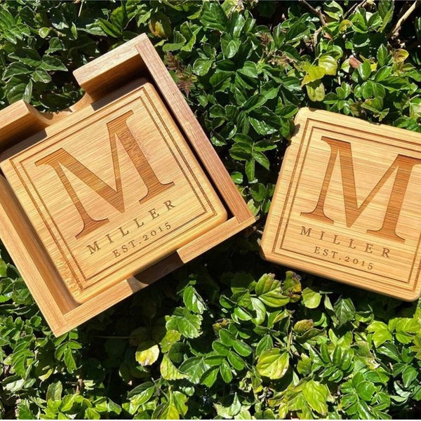 Personalized Coasters, Bamboo Coaster Set, Housewarming Gift, Custom Coasters, Wedding Gift, Wooden Coaster Personalized, Coasters w/ Holder