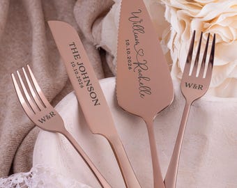 Wedding Cake Cutting Set Personalized, Engraved Knife Server Forks, Anniversary Gift, Gifts for Couple Cake Server Set Gold Silver Knife Set