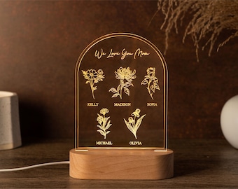 Personalized Gifts for Mom, Mother's Day Gifts, Custom Night Light, Birth Flower Gift, Gifts for Grandma, Nana, Mom Gifts, Mom Birthday Gift