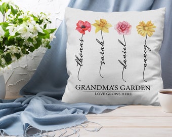 Custom Grandma's Garden Pillow, Personalized Birthflower Pillow, Grandmas Garden Pillow with Grandkids, Gift for Grandma, Christmas Gift