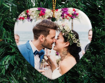 Personalized Photo Ornament Family Ornament with Picture, Just Married Ceramic Engagement Ornament First Christmas Tree Decoration Xmas Gift