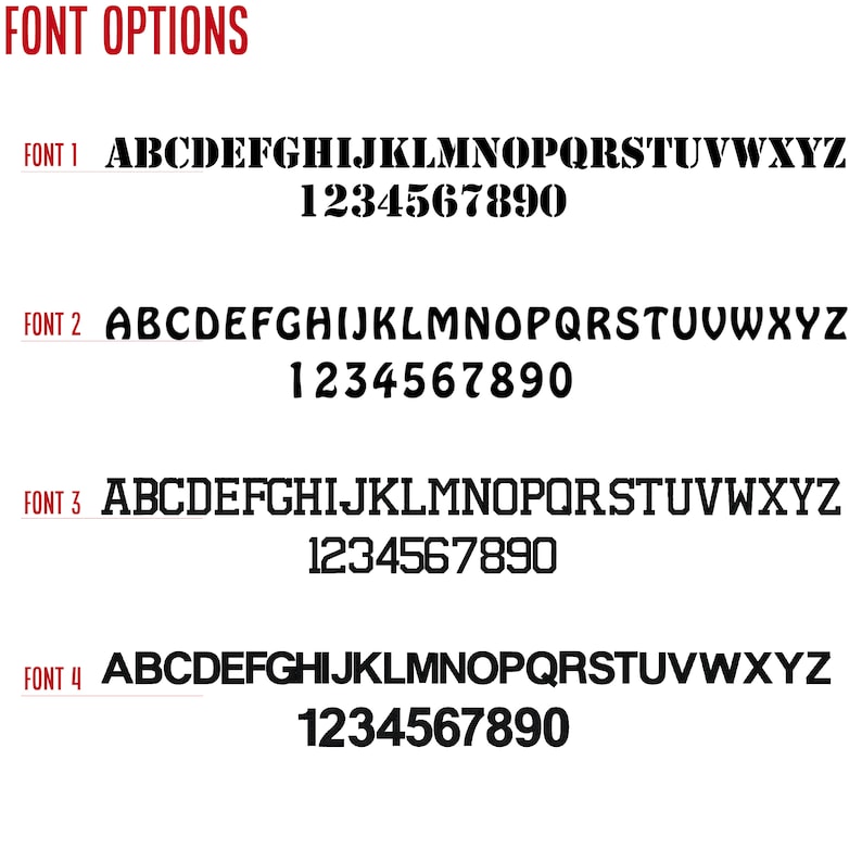 May include: Image displaying four different font options. Each font shows the alphabet and numbers 1 through 0. The text "FONT OPTIONS" is at the top in red. Each font is labeled with a number and the text "FONT".
