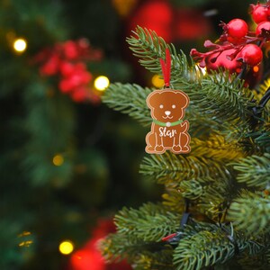 May include: A brown gingerbread dog ornament with a green collar and the word "Star" on it hangs on a green Christmas tree with red berries.