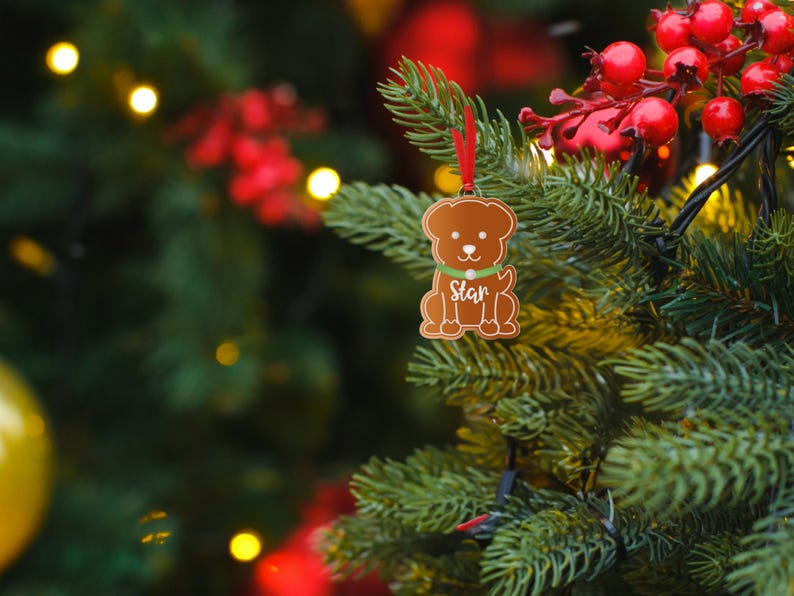 May include: A brown gingerbread dog ornament with a green collar and the word "Star" on it hangs on a green Christmas tree with red berries.
