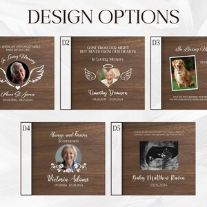 May include: Five different design options for a wooden memorial plaque. Each plaque features a different photo and text. The text includes the name of the deceased, dates, and a short message. The plaques are all made of a dark brown wood.