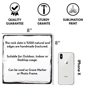 May include: A black slate coaster with a white background and black text. The text reads: "The rock slate is %100 natural and edges are handmade fractured. Suitable for Outdoor, Indoor or Desktop usage. Can be used as Grave Marker or Photo Frame." The coaster is 8 inches by 8 inches.