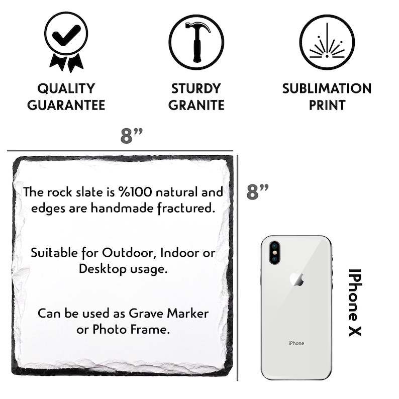 May include: A black slate coaster with a white background and black text. The text reads: "The rock slate is %100 natural and edges are handmade fractured. Suitable for Outdoor, Indoor or Desktop usage. Can be used as Grave Marker or Photo Frame." The coaster is 8 inches by 8 inches.