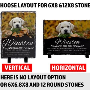 May include: Two black slate stone pet memorial plaques with a photo of a golden retriever puppy. The plaque on the left is in a vertical orientation and the plaque on the right is in a horizontal orientation. Both plaques have the name "Winston" and the dates "2000-2015" printed on them. The text on the plaques reads "You're gone but not forgotten. We'll never be apart. Your memory is a treasure. I keep within my heart."