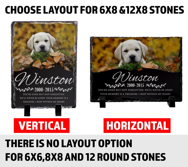 May include: Two black slate stone pet memorial plaques with a photo of a golden retriever puppy. The plaque on the left is in a vertical orientation and the plaque on the right is in a horizontal orientation. Both plaques have the name "Winston" and the dates "2000-2015" printed on them. The text on the plaques reads "You're gone but not forgotten. We'll never be apart. Your memory is a treasure. I keep within my heart."