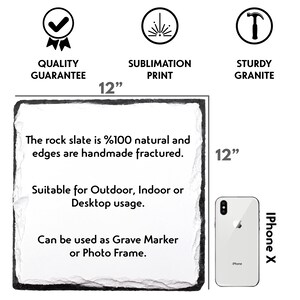 May include: A 12-inch square black slate coaster with white text that reads: "The rock slate is %100 natural and edges are handmade fractured. Suitable for Outdoor, Indoor or Desktop usage. Can be used as Grave Marker or Photo Frame."