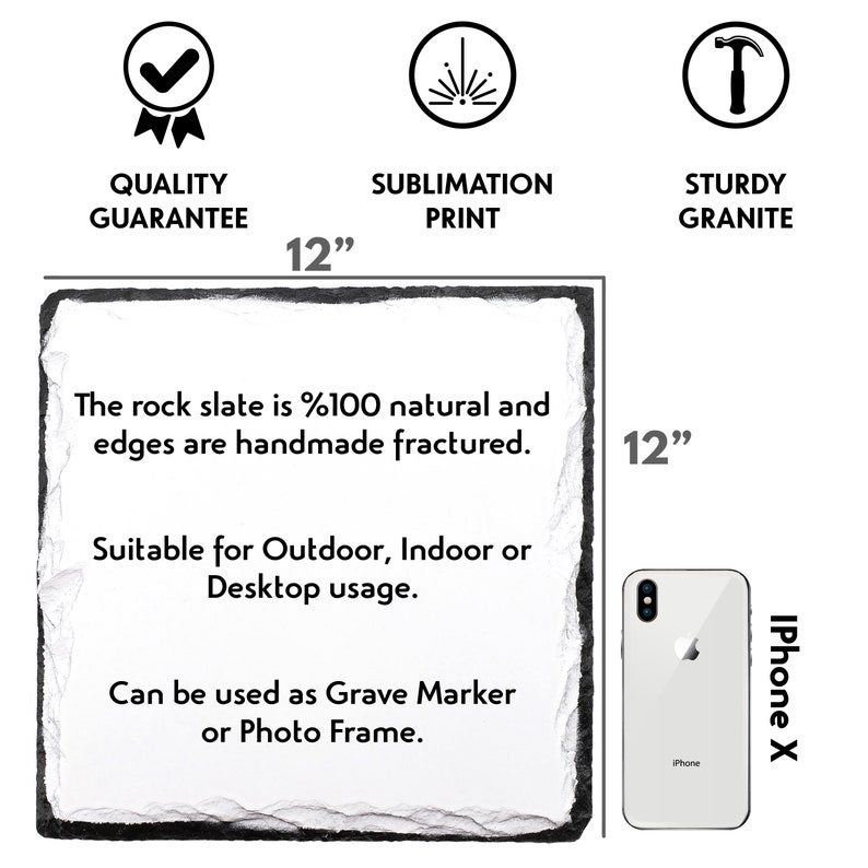 May include: A 12-inch square black slate coaster with white text that reads: "The rock slate is %100 natural and edges are handmade fractured. Suitable for Outdoor, Indoor or Desktop usage. Can be used as Grave Marker or Photo Frame."
