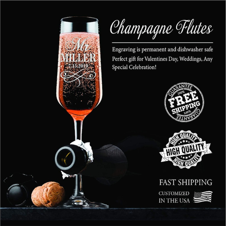 May include: A champagne flute with the text "Mr. MILLER 7.15.2019" engraved on the side. The flute is filled with a pink beverage and is sitting on a black surface. The image also includes a champagne bottle and cork.