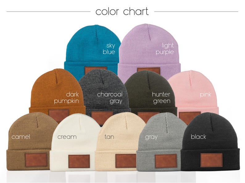 May include: Color chart of 12 beanie hats in various colors, including sky blue, light purple, dark pumpkin, charcoal gray, hunter green, pink, camel, cream, tan, gray, and black. Each beanie has a leather patch.