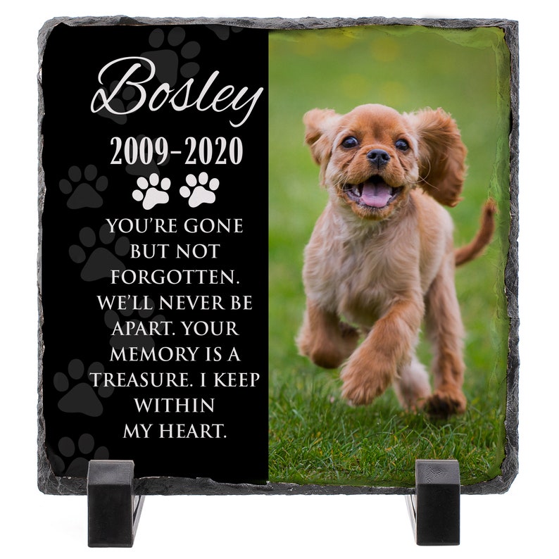 May include: Black slate memorial with a photo of a brown and white puppy running on green grass. The text reads "Bosley 2009-2020" and "You're gone but not forgotten. We'll never be apart. Your memory is a treasure. I keep within my heart."