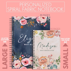 May include: Two personalized spiral notebooks with floral designs. The larger notebook is blue with the name "Eliz" and the text "Best Mom". The smaller notebook is beige with the name "Madison" and the text "Best Friend Ever".