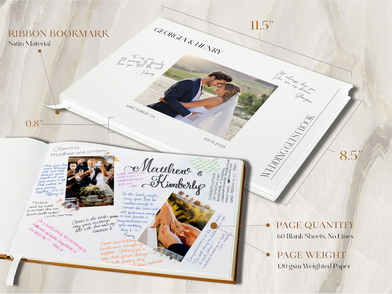Puede incluir: Un libro de visitas de boda blanco con un marcap&aacute;ginas de sat&eacute;n. La portada presenta una foto de una pareja con los nombres "Georgia & Henry" y la fecha "05.15.2024". El libro tiene 60 hojas en blanco de papel de 120 g/m&sup2;.
