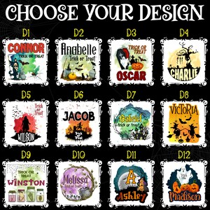 May include: Twelve different Halloween-themed designs for personalized trick-or-treat bags. Each design features a different name, such as Connor, Anabelle, Oscar, Charlie, Wilson, Jacob, Gabriel, Victoria, Winston, Melissa, Ashley, and Madison. The designs include various Halloween elements like ghosts, pumpkins, witches, and tombstones.