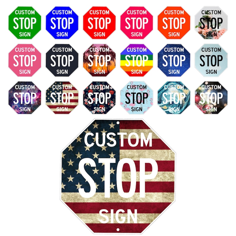 Puede incluir: Un conjunto de 12 se&ntilde;ales de stop personalizadas con varios dise&ntilde;os. Las se&ntilde;ales son octogonales y presentan las palabras "Custom Stop Sign" en letras blancas. Los dise&ntilde;os incluyen colores s&oacute;lidos, un arco&iacute;ris, una escena de playa, una galaxia, un patr&oacute;n de flamencos, un patr&oacute;n de olas y un patr&oacute;n navide&ntilde;o.