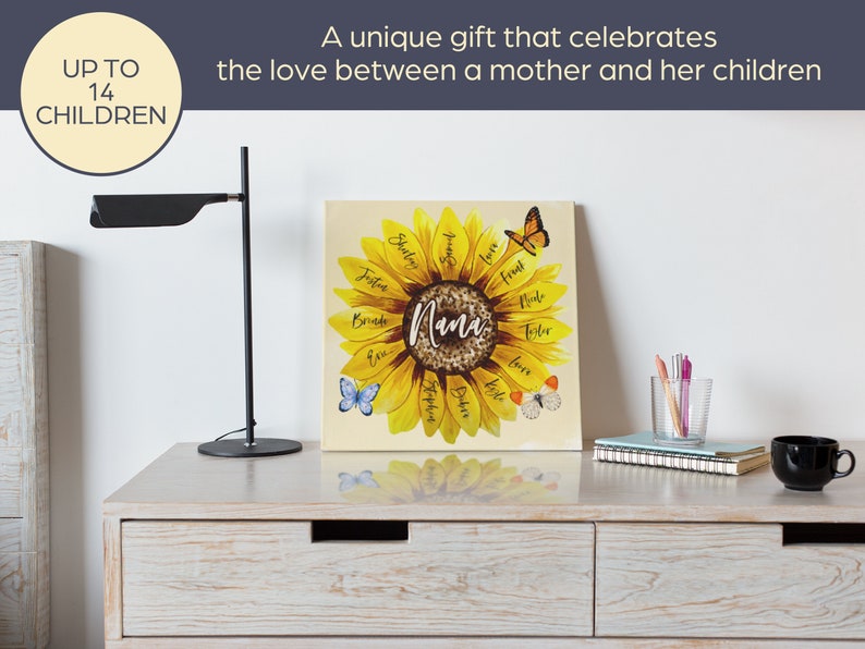 May include: A personalized sunflower canvas print with the word "Nana" in the center, surrounded by names. The print features a yellow sunflower design with butterflies. Text on the print reads "A unique gift that celebrates the love between a mother and her children."