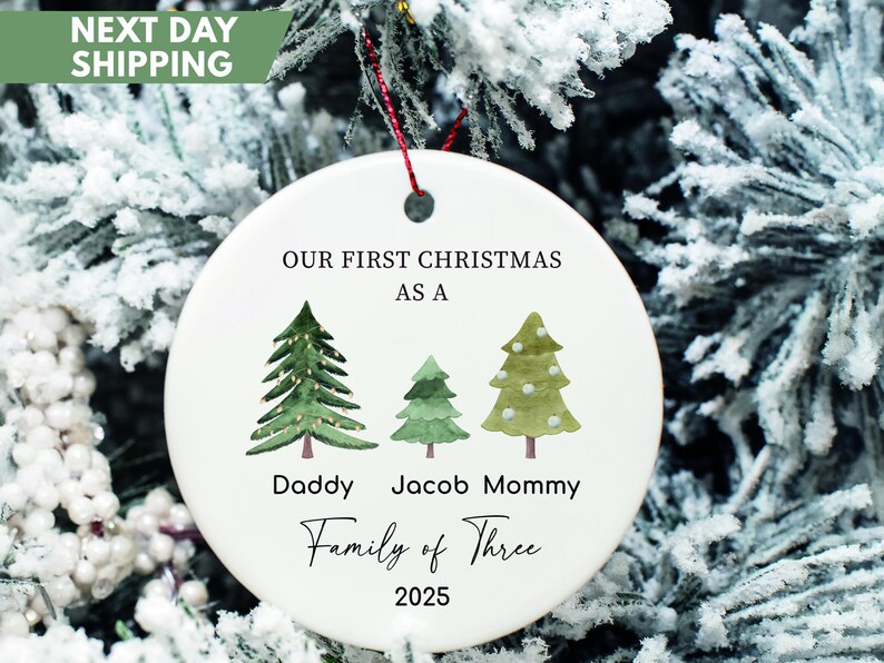 Family of Three Christmas Ornament, Family of 3 Family Ornament, Personalized Baby's First Christmas Ornament, First Christmas Ornament 2025 image 1