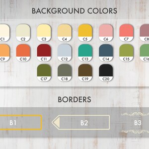 May include: A chart showing 20 different background colors labeled C1 through C20 and 3 different border styles labeled B1, B2, and B3.