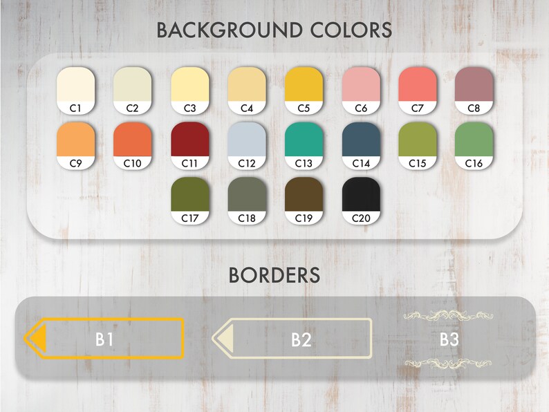 May include: A chart showing 20 different background colors labeled C1 through C20 and 3 different border styles labeled B1, B2, and B3.