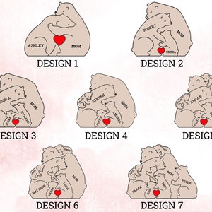 May include: Seven different designs of a family of polar bears hugging each other. The bears are all different sizes and have names written on them. The designs are numbered 1 through 7.
