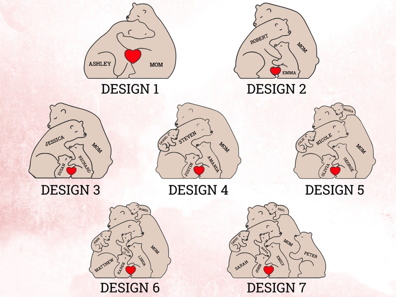 May include: Seven different designs of a family of polar bears hugging each other. The bears are all different sizes and have names written on them. The designs are numbered 1 through 7.