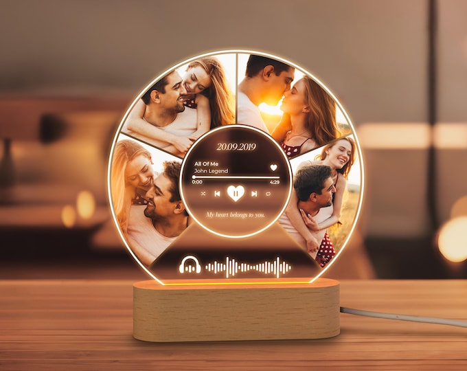 Song Plaque, Photo Night Light, Custom Music Plaque with Photos, Music Lover Gift Couple Gifts Anniversary Gift for Couple Housewarming Gift