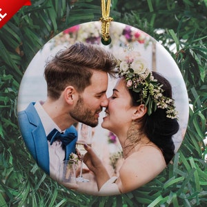 Photo Ornament, Custom Ornament, Personalized Christmas Ornaments, Just Married Ceramic Engagement Ornament First Christmas Gift for Her