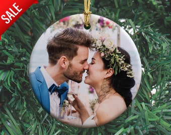 Photo Ornament, Custom Ornament, Personalized Christmas Ornaments, Just Married Ceramic Engagement Ornament First Christmas Gift for Her