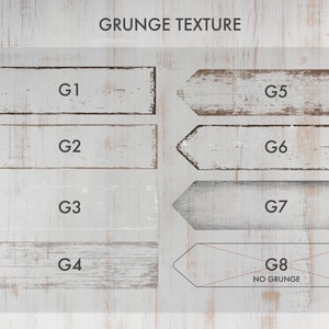 May include: Eight wooden arrow signs with different levels of grunge texture. The signs are labeled G1 through G8. G8 has the text "NO GRUNGE" on it.