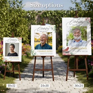 May include: Three memorial signs on wooden easels, each featuring a portrait and the text "Celebrating the Life of." The sizes are 18x12 inches, 24x18 inches, and 36x24 inches. The signs are set in a garden.
