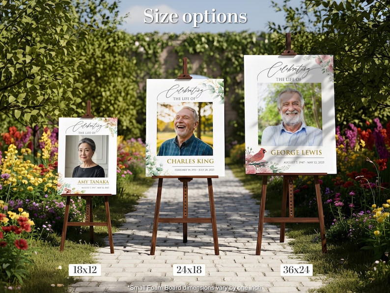 May include: Three memorial signs on wooden easels, each featuring a portrait and the text "Celebrating the Life of." The sizes are 18x12 inches, 24x18 inches, and 36x24 inches. The signs are set in a garden.