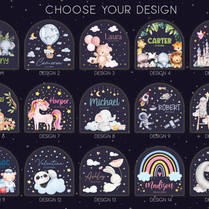 May include: A collection of 15 arched designs with names and dates, featuring various illustrations. Designs include animals, a unicorn, a rocket, and a castle, all set against a dark blue starry background. The text "CHOOSE YOUR DESIGN" is at the top.