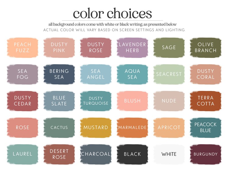 Pu&ograve; includere: Una tabella colori che mostra una variet&agrave; di campioni di vernice. Ogni campione &egrave; di un colore diverso, con nomi come "Peach Fuzz", "Dusty Pink" e "Olive Branch". Il testo in alto recita "scelte di colore".