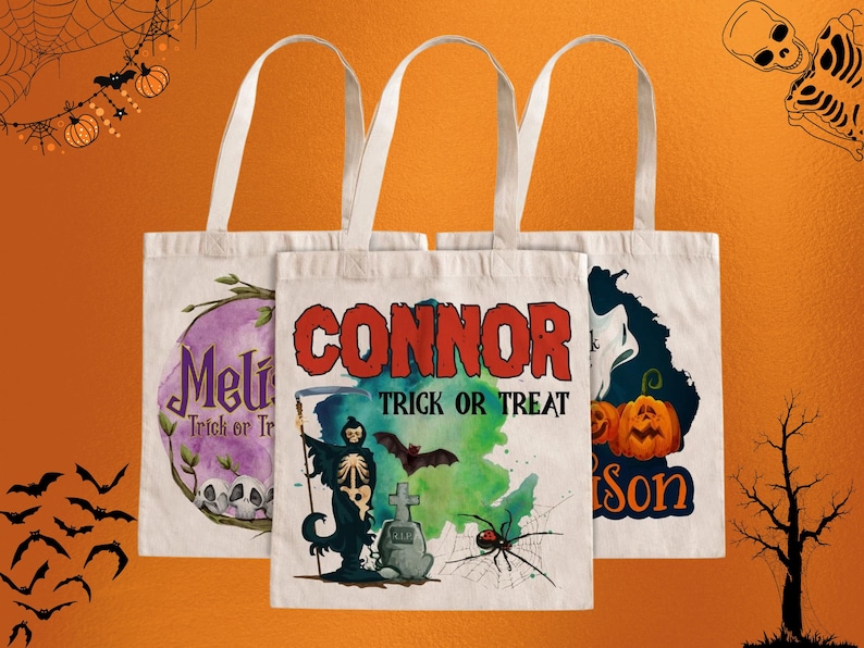 May include: Three white canvas tote bags with Halloween-themed designs. The center bag features a skeleton with a scythe, a spider, and the text "CONNOR TRICK OR TREAT". The left bag has a purple and green design with the text "MELI TRICK OR TREAT". The right bag has a black and white design with the text "JASON".