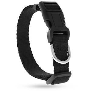 May include: A black nylon dog collar with a plastic buckle and a silver-colored metal D-ring. The collar is designed for pet safety and identification. The collar is approximately 1 inch wide.