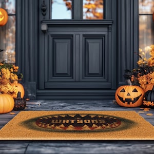 Pu&ograve; includere: Un tappetino per porta in fibra di cocco marrone con il testo "The Watsons" in un carattere spettrale. Il tappetino &egrave; decorato con un design a tema Halloween nero e arancione. Il tappetino &egrave; posizionato su un portico in legno con zucche e foglie autunnali.